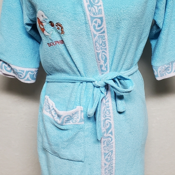 Rare Vintage 60s Dolphins Sky Blue Terrycloth Hawaiian Tie-Waist Mini Robe L - Picture 6 of 14